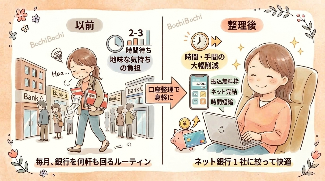 通帳を抱えて銀行の行列を歩く女性と、ソファでくつろぎながらパソコンで手続きする女性のイラスト
