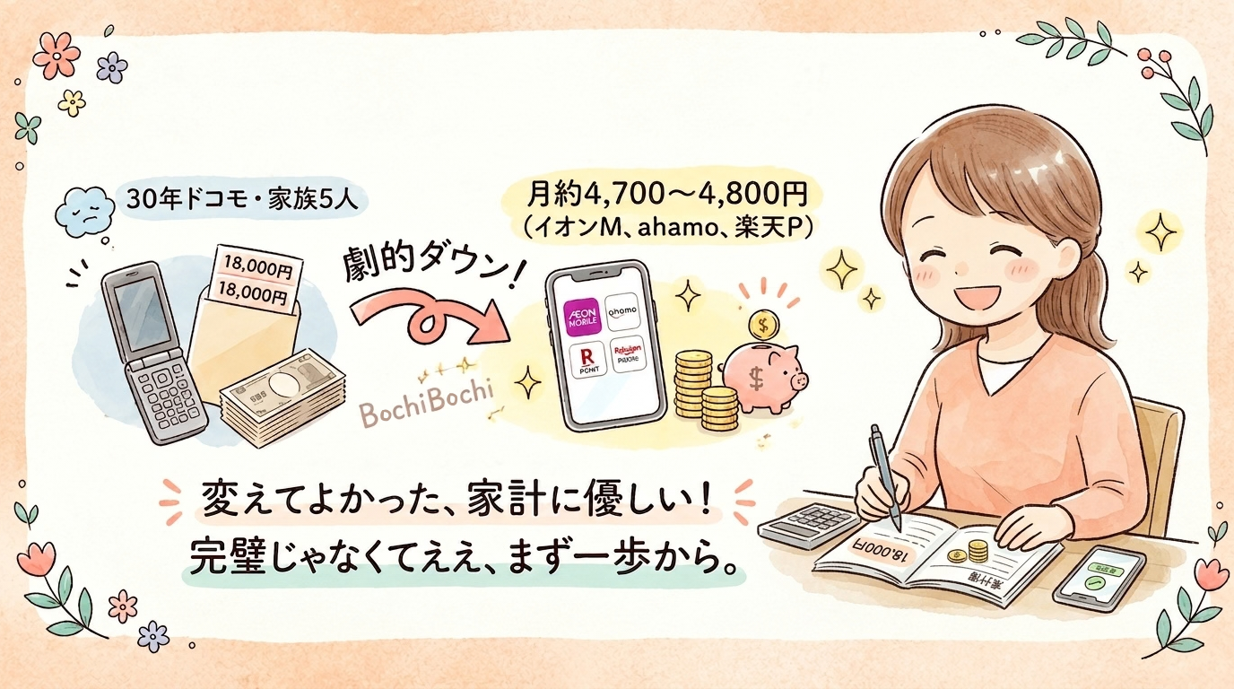 通信費18,000円の明細とガラケーから、矢印で「劇的ダウン」へ。家計簿をつける女性とスマホ、貯金箱のイラスト