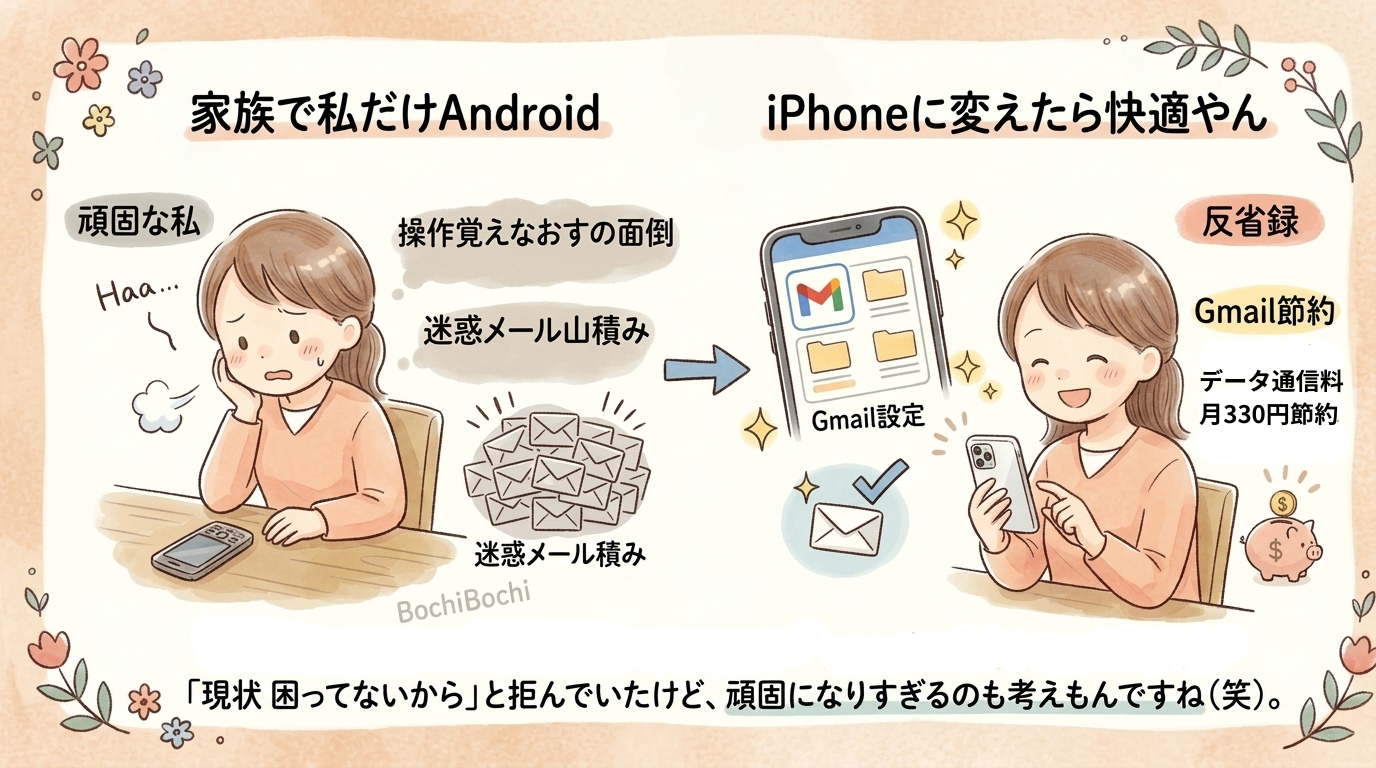 山積みの迷惑メールにため息をつく女性と、Gmailを表示したスマホを持つ女性のイラスト