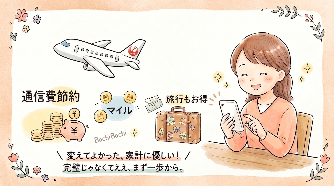 飛行機とスーツケース、マイルのコインが舞う中でスマホを見る女性と貯金箱のイラスト