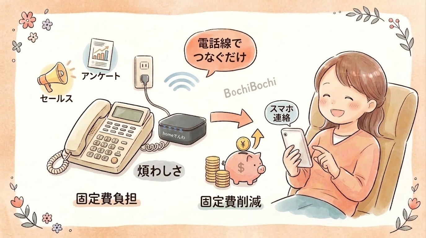 固定電話とhome電話にセールスのメガホンとアンケートが押し寄せる様子から、矢印でソファでくつろぐ女性と貯金箱へ変わるイラスト