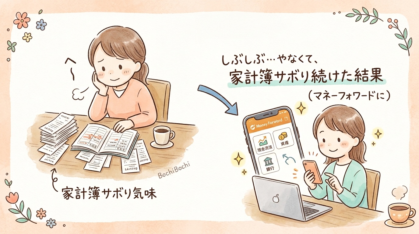 家計簿を見てため息をつく女性と、パソコンの前でマネーフォワードMEのスマホを操作する女性のイラスト
