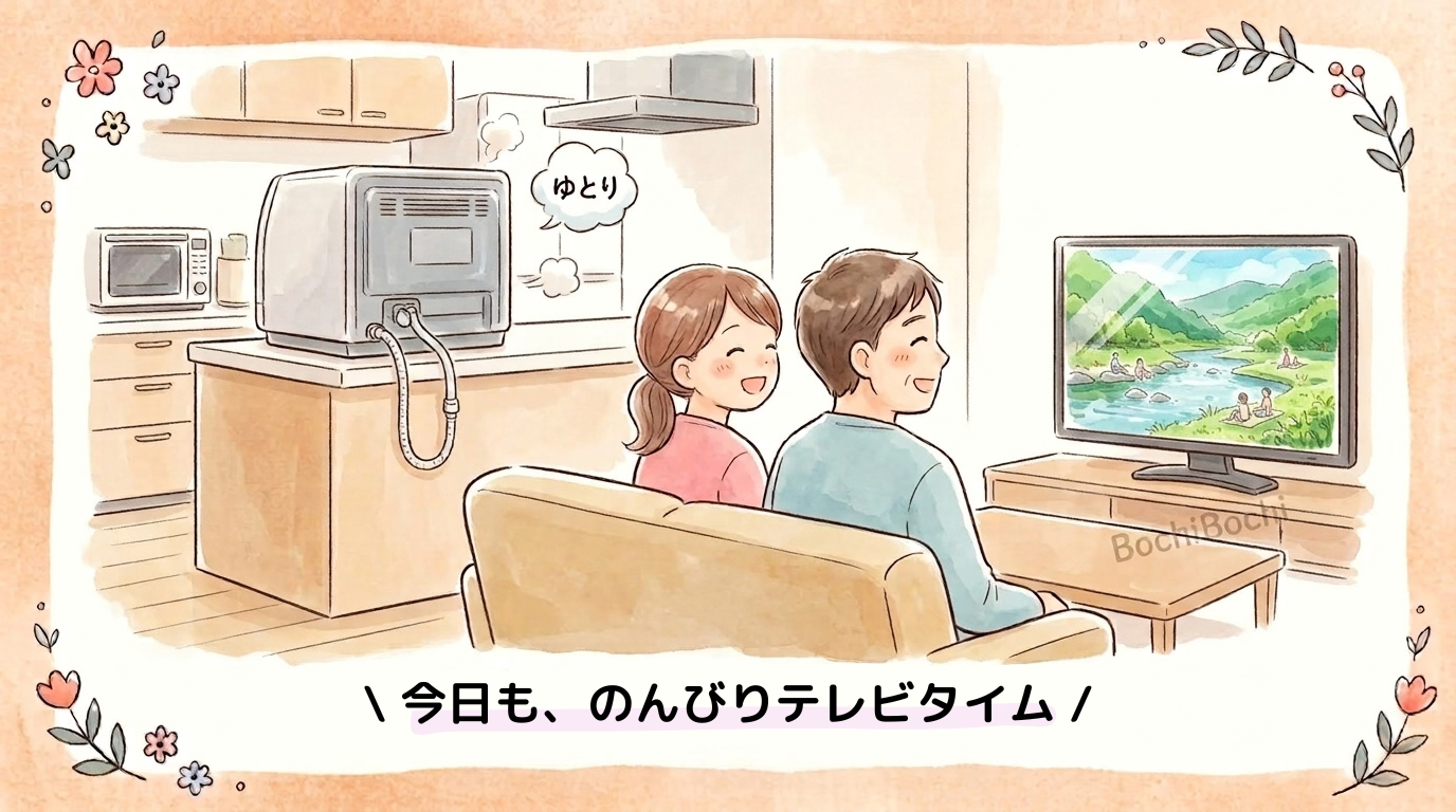 ソファで笑顔でテレビを見る夫婦と、キッチンカウンターの食洗機から「ゆとり」の吹き出しが出ているイラスト